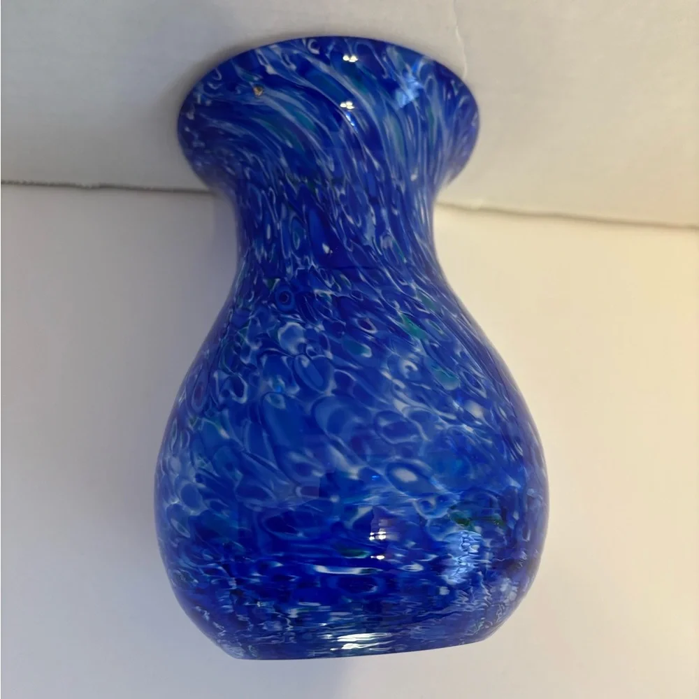 Cobalt Blue Vase White Swirl Art Glass Heavy Glass 5.5” Smooth Bottom Home Decor